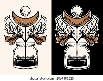 Mystery Poster Illustration of Sun, Moon and Plant with Jar