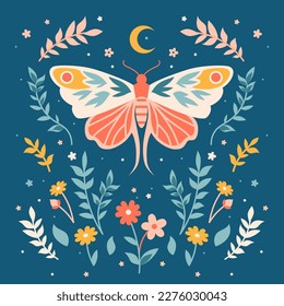 Mystery print with insect moth, flowers, florals and herbs. Sacred witchcraft floral art. Boho elegant vector butterfly, night-fly.