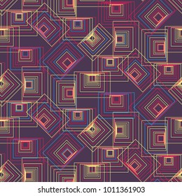 Mystery purple chaotic geometric matrix seamless pattern with yellow, pink and blue squares. Abstract rectangles tech texture for web design, banner, wrapping paper, background, textile
