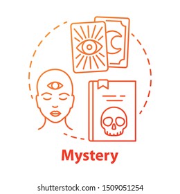 Mystery red concept icon. Occult book idea thin line illustration. Mysticism, taromancy & esoteric literature. Fortune telling and divination. Vector isolated outline drawing