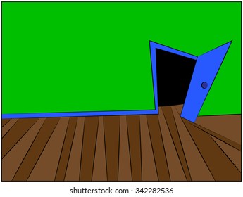 Mystery Room cartoon vector Illustration of home or office corridor and open door.