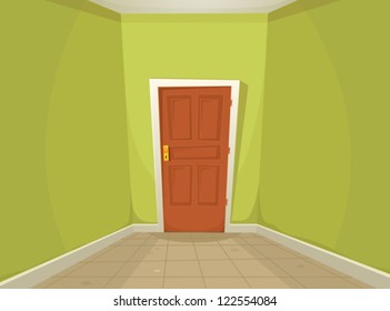 Mystery Room/ Illustration Of A Cartoon Home Or Office Corridor With Ground Tiles And A Mysterious Closed Door