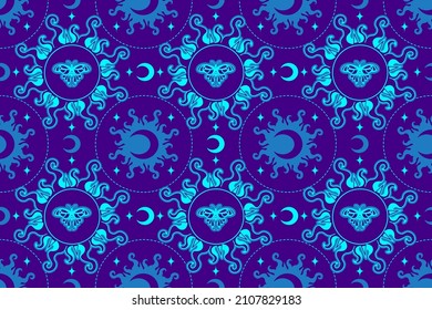 Mystery seamless background, vintage astrology wallpaper. Celestial concept with sun. Backdrop for yoga, Witchcraft, tarot, spiritual concept