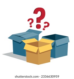 Mystery Secret boxes. Cardboard open box with Question mark. Holiday surprise box isolated on white background.