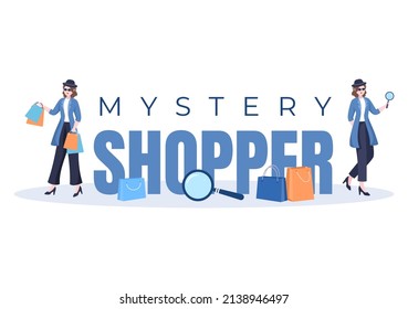 Mystery Shopper with Bags in Sunglasses, Magnifier, Spy Coats and Hats in Flat Cartoon Style Illustration 