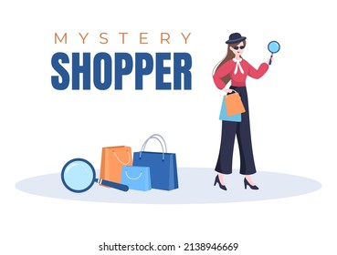 Mystery Shopper with Bags in Sunglasses, Magnifier, Spy Coats and Hats in Flat Cartoon Style Illustration 