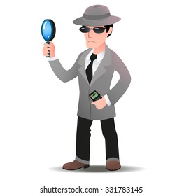 Mystery shopper man in spy coat, boots, tie, sunglasses and hat with magnifier and dictaphone. Full-length vector.