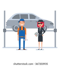 Mystery shopper woman in spy coat checks car mechanic