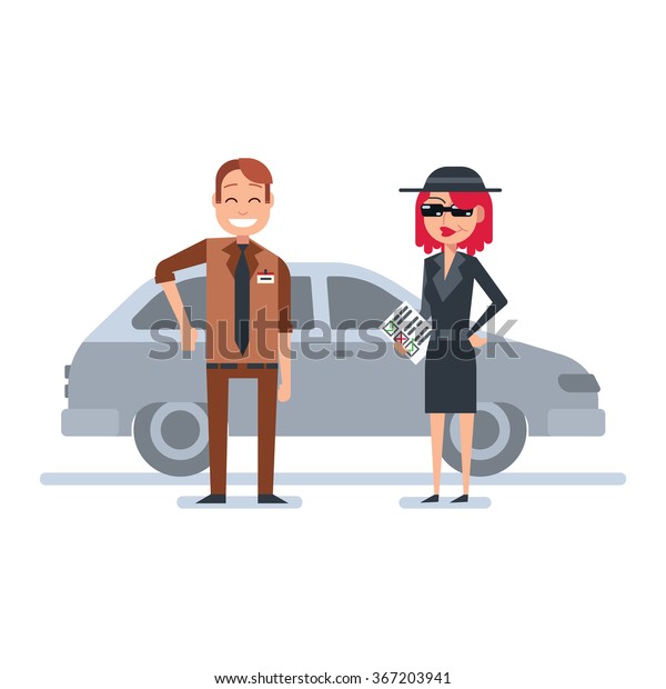 Mystery\
shopper woman in spy coat checks car\
dealer