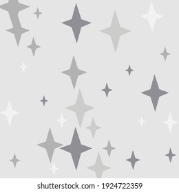 Mystery Silver Four-pointed Gray Chaotic Composition. Night Christmas Dark Sky Cozy Wallpaper. Black Holiday Stars White Grey Background. Print New Year Monochrome Winter Magic Ornament.