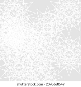 Mystery Silver Monochrome Complicated Print Chaotic Pastel Cold Background. Soft Sharp Grey Satanic Light Luxury Mandala Ornamental Pattern. White Calm Stars Winter Lace Frost Folk Ice Background.