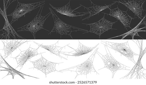 Mystery spiderwebs Halloween decor realistic icons vector set. Spooky cobweb patterns 3d objects illustrations on contrast backgrounds