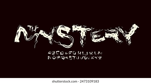 Mystery spooky font, eerie distorted letters, dark horror typeface for frightening logo, chilling headline, gothic horror typography. Vector typeset.