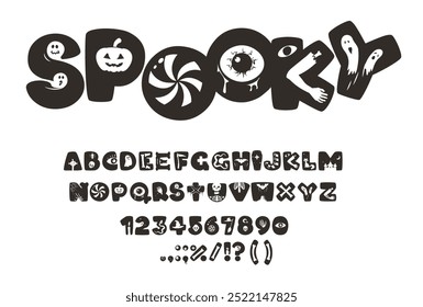 Tipo de letra de misterio, fuente de Halloween, alfabeto inglés aterrador, tipografía de terror con siluetas de Vector de monstruo espeluznantes. Misterio abc personajes fuente con calabazas, fantasmas, zombies y truco o tratar caramelos