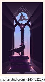 Mystery vector illustration. The raven is sitting on the books. Gothic window. The keeper of secrets.