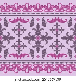 Mystery Violet Glamour Gothic Style Pattern Vektor. Zauber der lila Elegant Rich Nahtlose Grenze. Opulenz Detaillierte Reichtümer Dunkle Blumen Fleur de lis Viktorianische Blätter und Blüten Lilie Dekoration