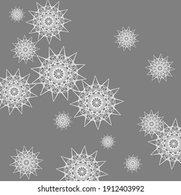 Papel tapiz de la Navidad Gris y afilado en invierno. Nochevieja Noche de impresión Oscura Ornamento caótico. Papel de fondo Monocromo Silver Metalic Snowflakes Cold Sky. Ilustración de Stars Pastel Luxury Folk Mandala.