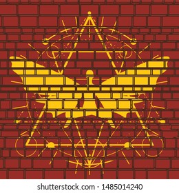 Mystery, witchcraft, occult and alchemy sign. Mystical vintage gothic geometry thin lines symbol with butterfly woman in lotus yoga pose. Brick wall texture