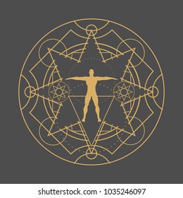 Mystery, witchcraft, occult and alchemy tattoo sign. Mystical vintage gothic geometry thin lines symbol with silhouette of a muscular man