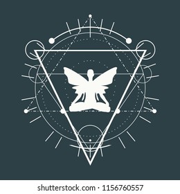 Mystery, witchcraft, occult and alchemy tattoo sign. Mystical vintage gothic geometry thin lines symbol with butterfly woman in lotus yoga pose