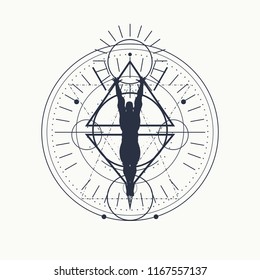 Mystery, witchcraft, occult and alchemy tattoo sign. Mystical vintage gothic geometry thin lines symbol with silhouette of a muscular man