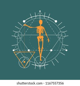Mystery, witchcraft, occult and alchemy tattoo sign. Mystical vintage gothic geometry thin lines symbol with silhouette of a human skeleton