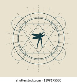 Mystery, witchcraft, occult and alchemy tattoo sign. Mystical vintage gothic geometry thin lines symbol with dragonfly woman