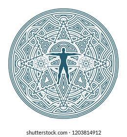 Mystery, witchcraft, occult and alchemy tattoo sign. Mystical vintage gothic geometry thin lines symbol with silhouette of a muscular man