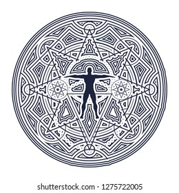 Mystery, witchcraft, occult and alchemy tattoo sign. Mystical vintage gothic geometry thin lines symbol with silhouette of a muscular man