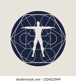 Mystery, witchcraft, occult and alchemy tattoo sign. Mystical vintage gothic geometry thin lines symbol with silhouette of a muscular man