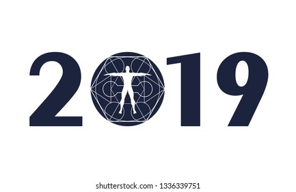 Mystery, witchcraft, occult and alchemy tattoo sign. Mystical vintage gothic geometry thin lines symbol with silhouette of a muscular man. 2019 year number.