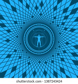Mystery, witchcraft, occult and alchemy tattoo sign. Mystical vintage gothic geometry thin lines symbol with silhouette of a muscular man. Geometry mosaic frame