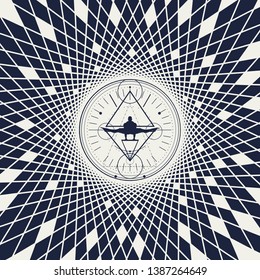 Mystery, witchcraft, occult and alchemy tattoo sign. Mystical vintage gothic geometry thin lines symbol with silhouette of a muscular man. Geometry mosaic frame