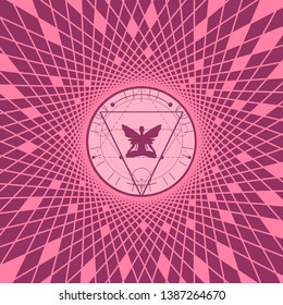 Mystery, witchcraft, occult and alchemy tattoo sign. Mystical vintage gothic geometry thin lines symbol with butterfly woman in lotus yoga pose. Geometry mosaic frame