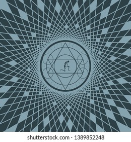 Mystery, witchcraft, occult and alchemy tattoo sign. Mystical vintage gothic geometry thin lines symbol with silhouette of a human skeleton. Geometry mosaic frame