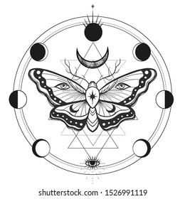 Mystery, witchcraft, occult and alchemy tattoo sign. Mystical geometry thin lines symbol with butterfly and planets