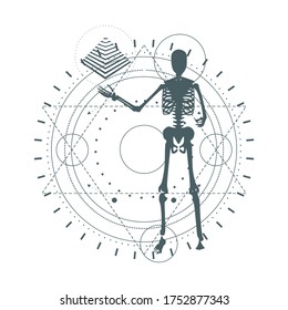 Mystery, witchcraft, occult and alchemy tattoo sign. Mystical vintage gothic geometry thin lines symbol with silhouette of a human skeleton