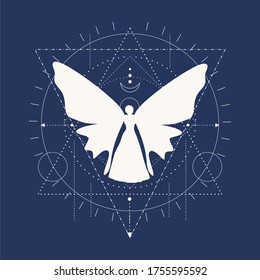 Mystery, witchcraft, occult and alchemy tattoo sign. Mystical vintage gothic geometry thin lines symbol with butterfly woman