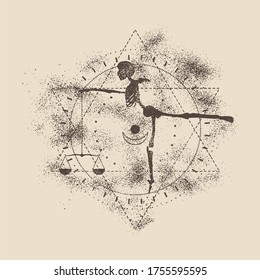 Mystery, witchcraft, occult and alchemy tattoo sign. Mystical vintage gothic geometry thin lines symbol with silhouette of a human skeleton and scales. Grunge style illustration