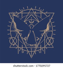 Mystery, witchcraft, occult and alchemy tattoo sign. Mystical vintage gothic geometry thin lines symbol with butterfly woman. Grunge style illustration