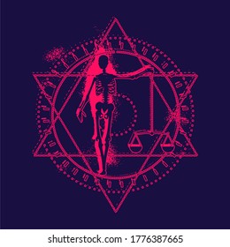 Mystery, witchcraft, occult and alchemy tattoo sign. Mystical vintage gothic geometry thin lines symbol with silhouette of a human skeleton and scales. Grunge style illustration