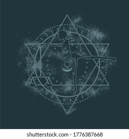 Mystery, witchcraft, occult and alchemy tattoo sign. Mystical vintage gothic geometry thin lines symbol with silhouette of a human skeleton and scales. Grunge style illustration