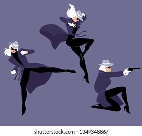 Mystery woman character in three action poses, EPS 8 vector illustration