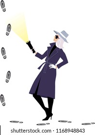 Mystery Woman Or A Female Detective Following Footprints, EPS 8 Vector Illustration