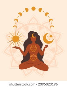 Mystery woman with sun and moon. Pictures in bohemian style. Religion and esotericism, intangible energy. Magic and witchcraft. Bright and stylish poster or banner. Cartoon flat vector illustration