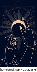 Mystic abstract eclipse holding in womans hands with asto symbols