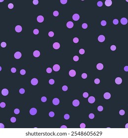 A mystic abstract seamless vector pattern of scattered purple dots mesmerizing bubbles or confetti on a dark blue background, creating a glowing animated visual effect.