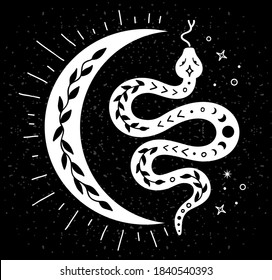 Mystic abstract snake in boho style on black background. Sacred serpent with moon branches and stars. Esoteric concept. Vector magic minimalistic print.