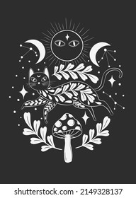 Mystic aesthetic cat witch mage composition print. Hand draw black color.Esoteric sign alchemy.