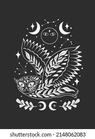 Mystic aesthetic owl witch forest mage composition print. Hand draw black color.Esoteric sign alchemy.